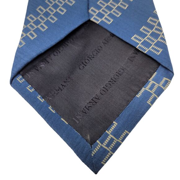 GIORGIO ARMANI Men's 100% Silk Necktie ITALY Designer Geometric Blue/Tan - Picture 5 of 7